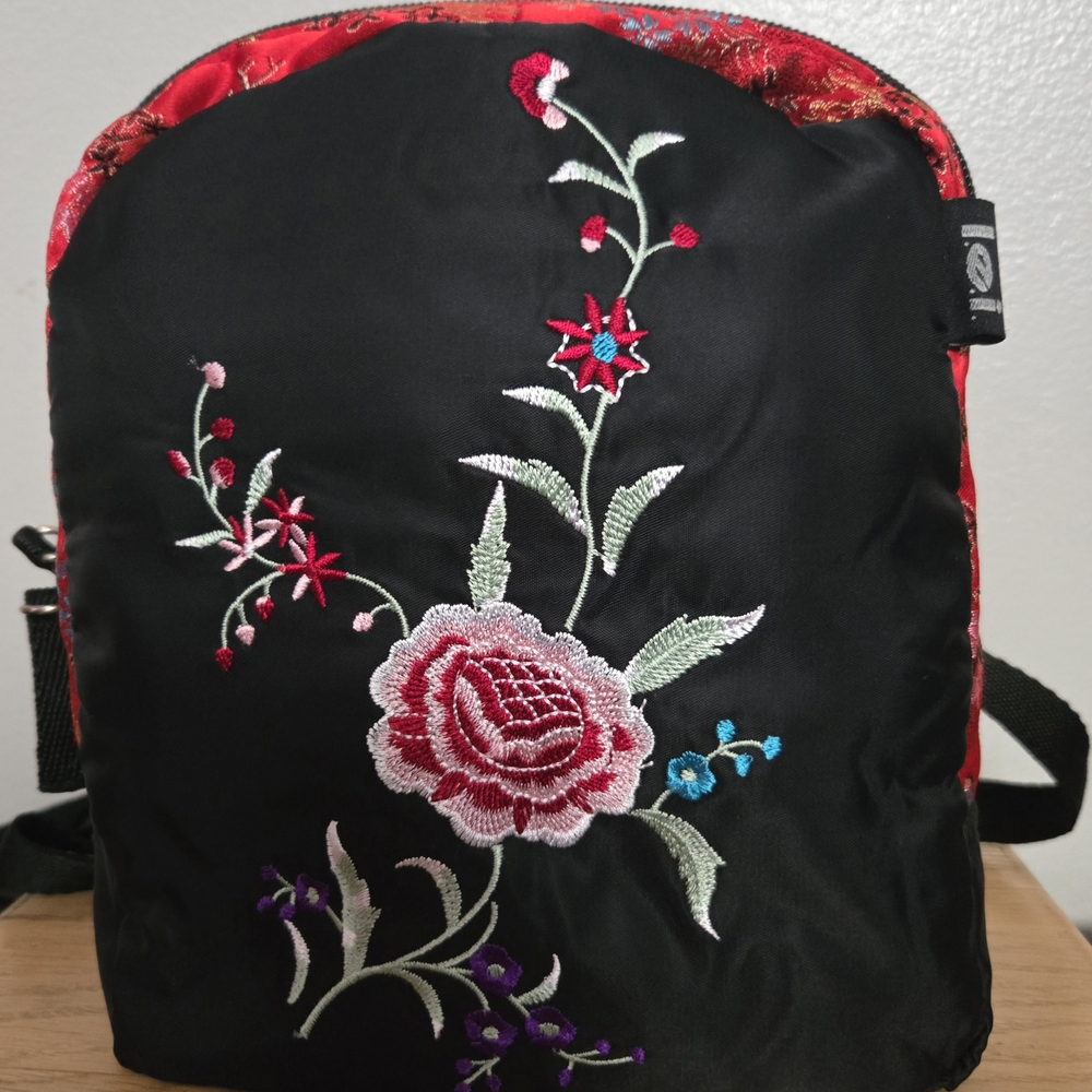 LIFE ENERGY INTELLIGENCE, Floral Embroidered Black and Red Backpack